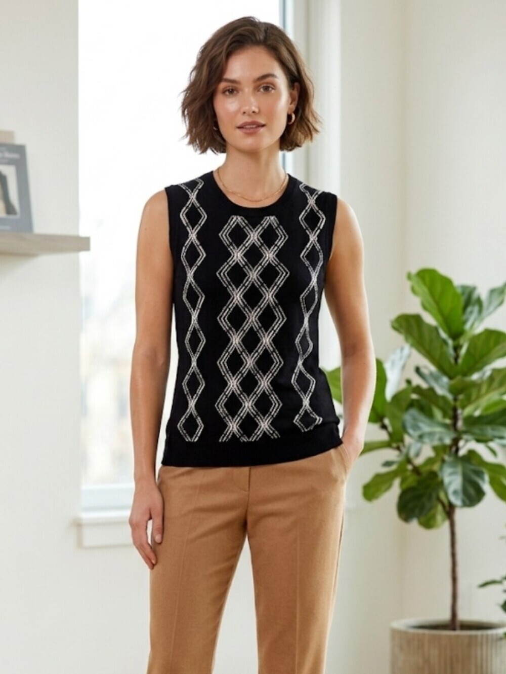 Brooks Brothers Extra Fine Italian Merino Wool Knit Argyle Shell Top Black Med
